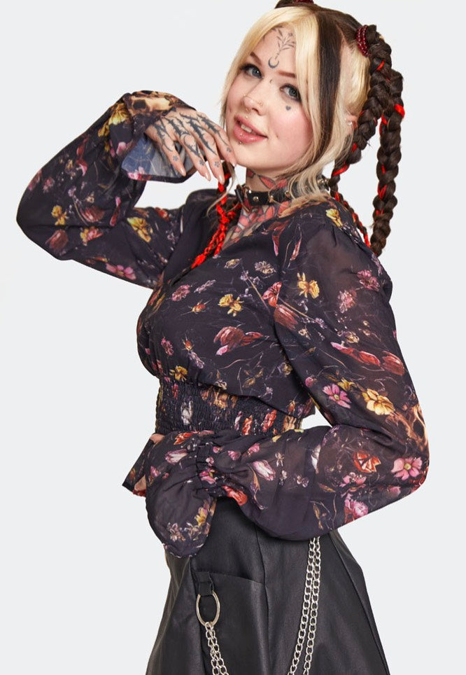 Jawbreaker Garden Skull Print Top donna multicolore mesh