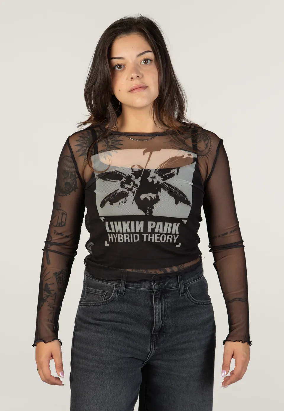 Linkin Park Hybrid Theory manica lunga mesh nera cropped