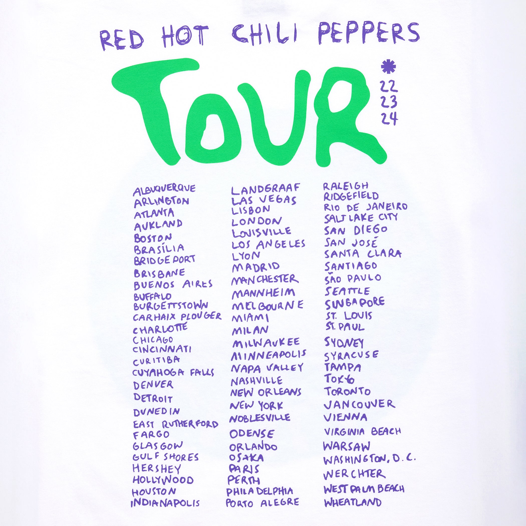 Red Hot Chili Peppers Classic Tour 2024 maglietta verde viola