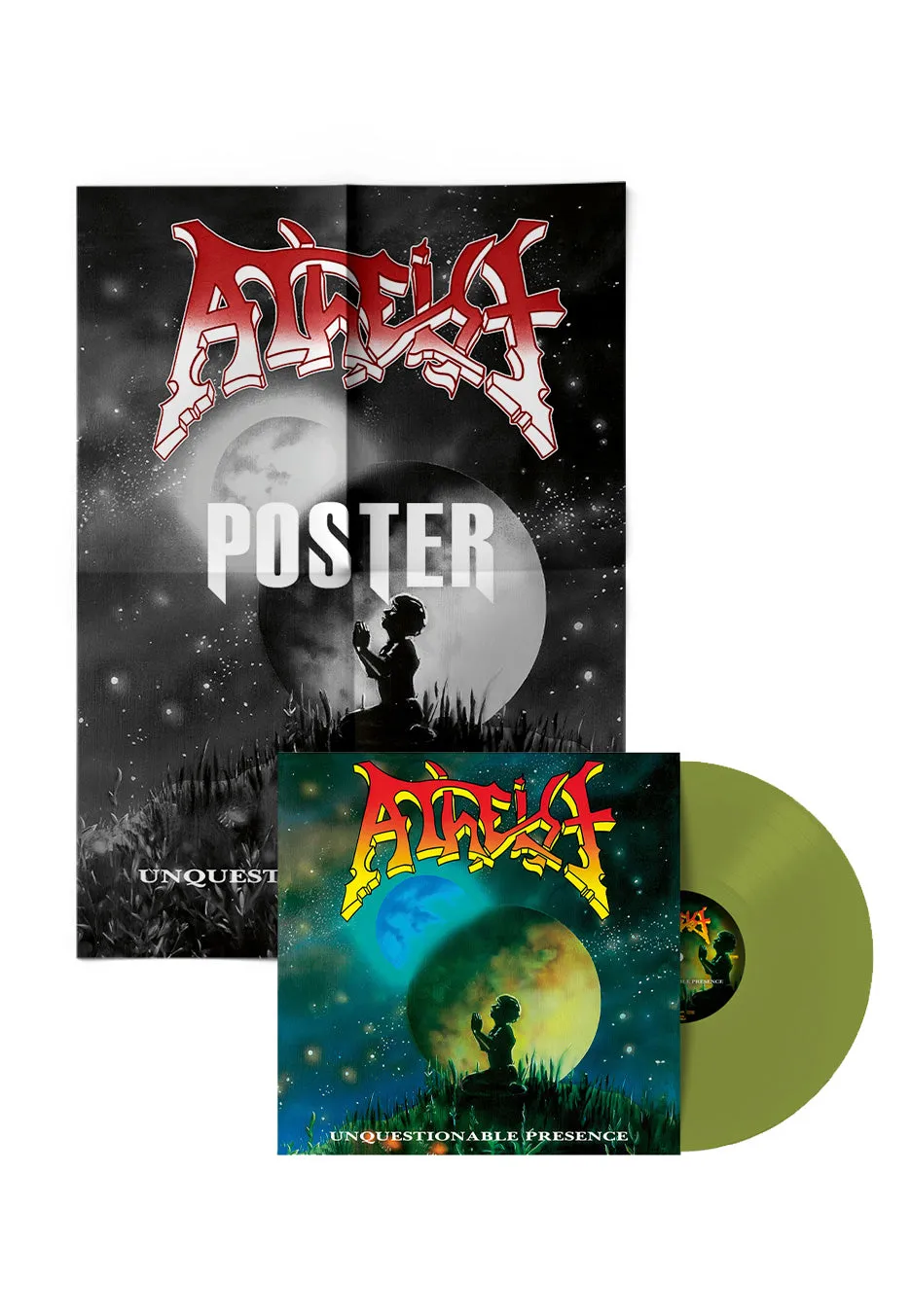 Atheist Unquestionable Presence vinile verde oliva LP + poster 2026