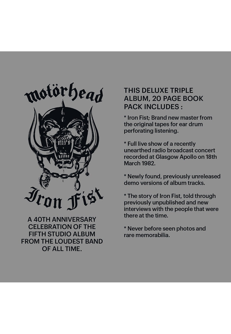 Motörhead Iron Fist 40th Anniversary Vinile 3 LP Hard Rock